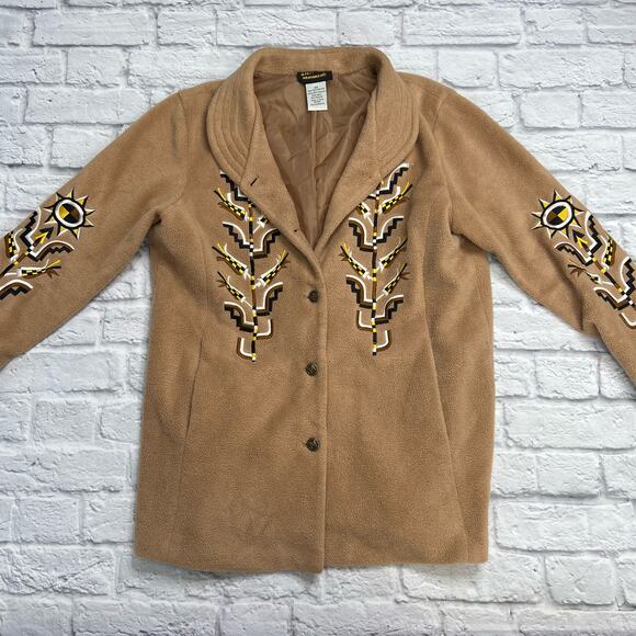 Bob Mackie Wearable Art Fleece Jacket Brown Sunflower Embroidered Size M